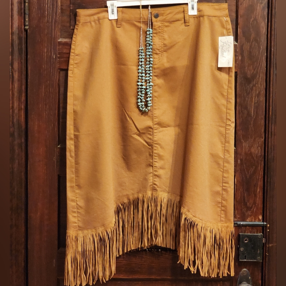 Fringe Hem Denim Midi Skirt Plus Size Tan Western Coastal Cowgirl NWT - Picture 4 of 11